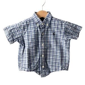 Ralph Lauren Short Sleeve Plaid Oxford Button Down - Blue - 12-18M